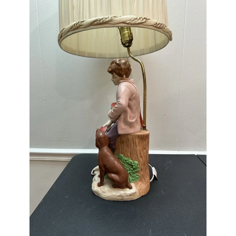 Vintage Taiwan Figural Table Lamp Boy Feeding Dog Watermelon Ceramic 31 Inch Sha